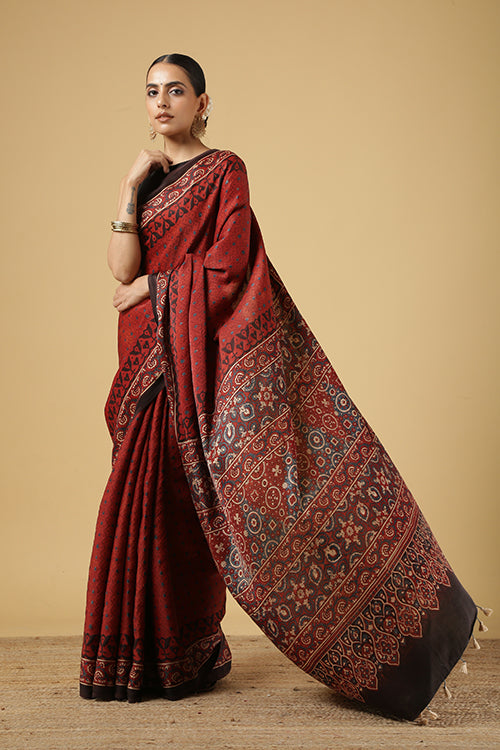 Jabbar Khatri Maroon Ajrakh Handblock Printed Modal Silk Saree Online