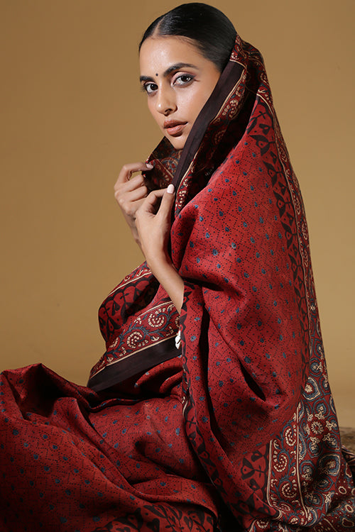 Jabbar Khatri Maroon Ajrakh Handblock Printed Modal Silk Saree Online