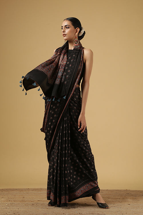 Black Ajrakh Handblock Print Modal Saree | Jabbar Khatri