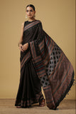 Ajrakh Handblock Print Black Modal Saree | Jabbar Khatri
