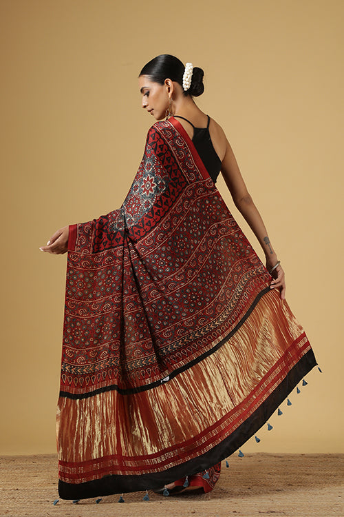 Red Ajrakh Handblock Print Modal Tissue Pallu Saree | Jabbar Khatri
