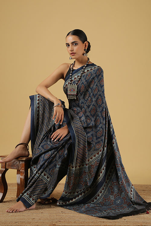Blue Ajrakh Handblock Printed Modal Saree | Jabbar Khatri