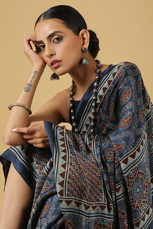 Blue Ajrakh Handblock Printed Modal Saree | Jabbar Khatri