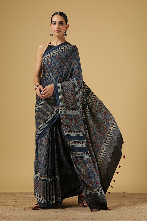 Jabbar Khatri Blue Ajrakh Handblock Print Modal Silk Saree Online