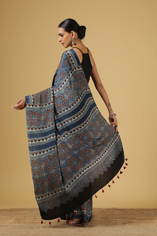 Jabbar Khatri Blue Ajrakh Handblock Print Modal Silk Saree Online