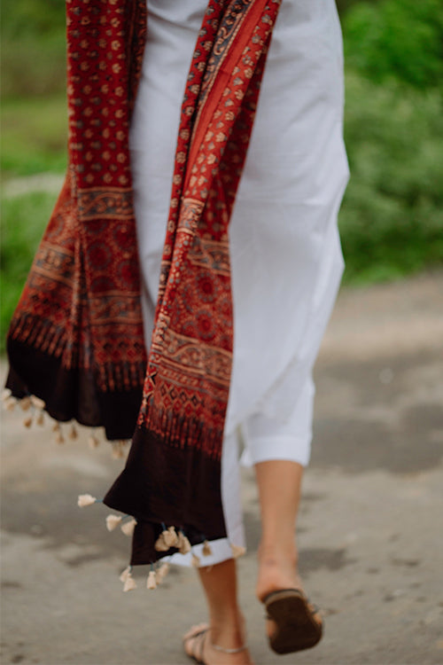 Geometric Pattern Handblock Printed Red Cotton Dupatta | Jabbar Khatri