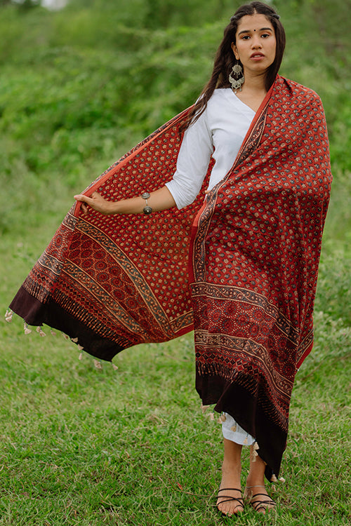 Geometric Pattern Handblock Printed Red Cotton Dupatta | Jabbar Khatri