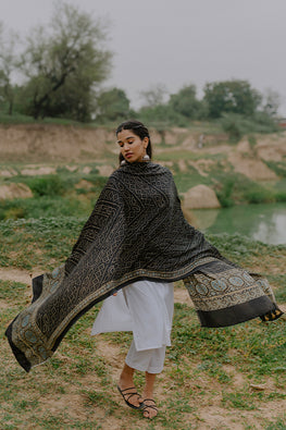 Handblock Printed Ajrakh Black Modal Dupatta