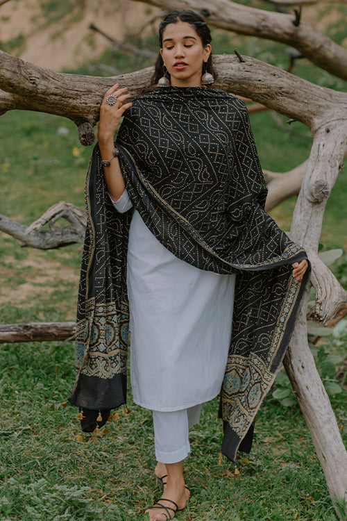 Jabbar Khatri Handblock Printed Ajrakh Black Modal Dupatta