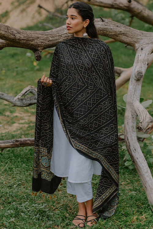 Jabbar Khatri Handblock Printed Ajrakh Black Modal Dupatta