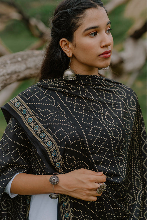 Jabbar Khatri Handblock Printed Ajrakh Black Modal Dupatta
