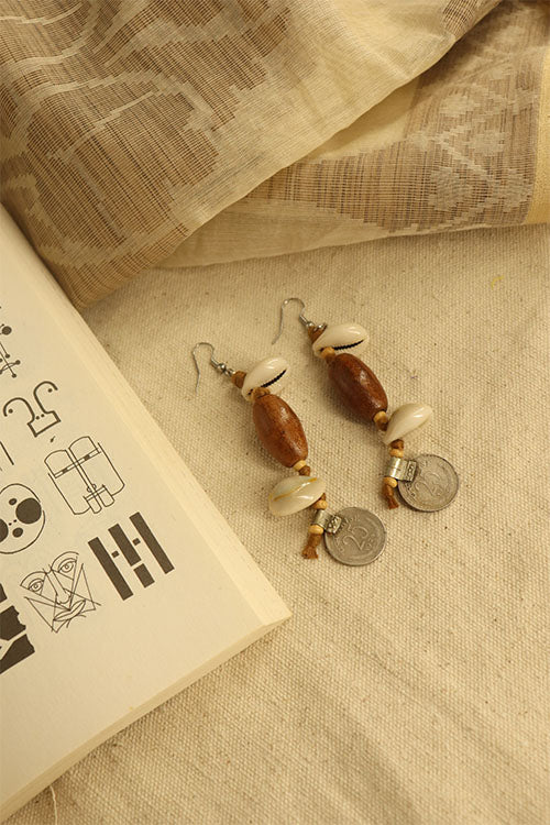 Whe Handmade Tribal Shell Wood And Repurposed Coin Earring