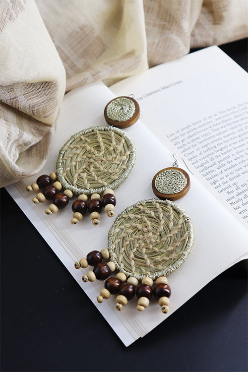 Whe Natural Sabai Grass and Wooden Bead Earring