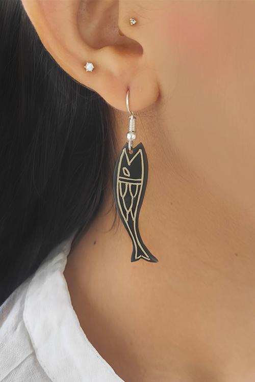 Whebyabira Pure Silver Inlay Bidri Fish Dangler Earring