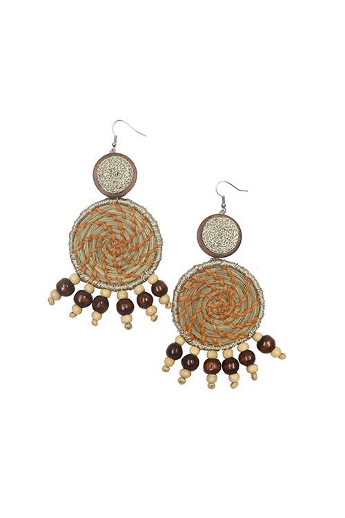 Whe Handmade Orange Sabai Grass and Wooden Bead Earring