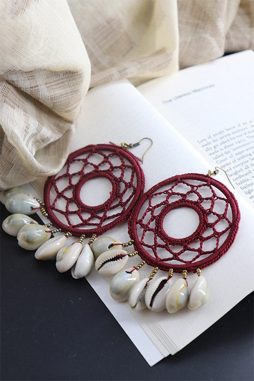 Whe Handcrotcheted Round Maroon Shell Earring