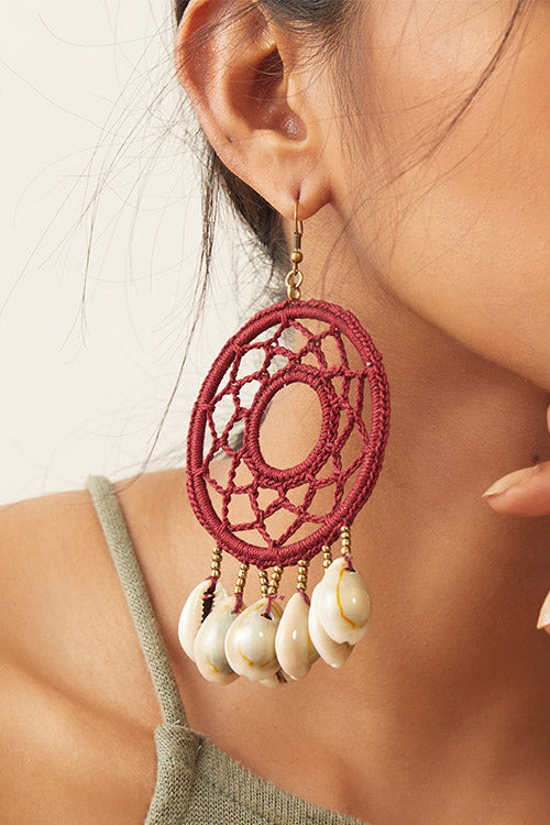 Whe Handcrotcheted Round Maroon Shell Earring