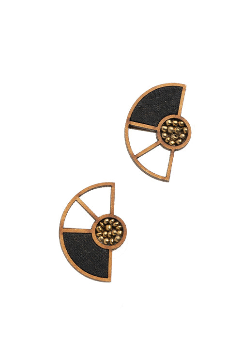 Black Geometrical Repurposed Fabric and wood earring