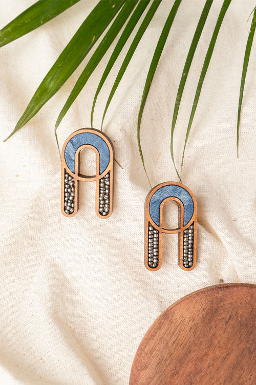 Whe Blue Repurposed fabric and wood earring
