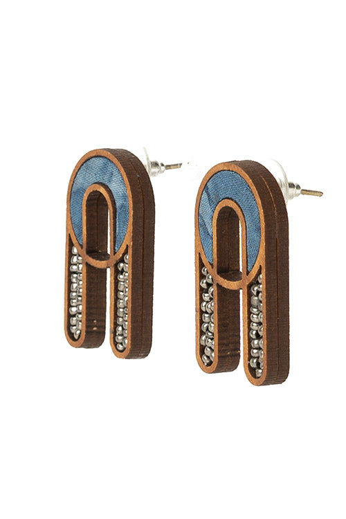Whe Blue Repurposed fabric and wood earring