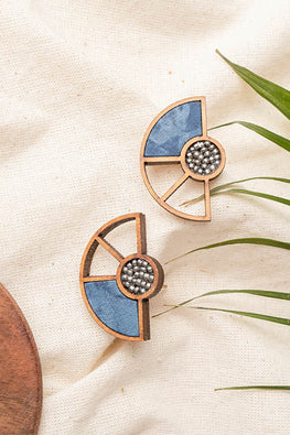 Blue Geometrical Repurposed Fabric and wood earring
