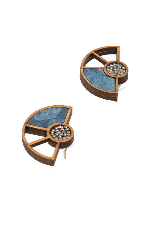 Blue Geometrical Repurposed Fabric and wood earring