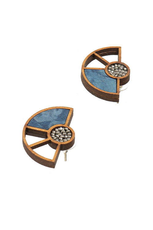 Whe Blue Geometrical Repurposed Fabric and wood earring