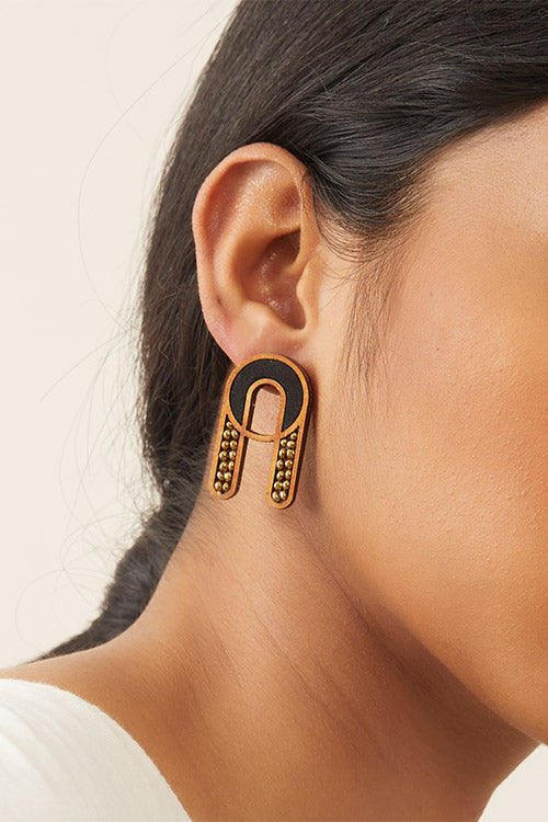 Black Repurposed fabric and wood earring