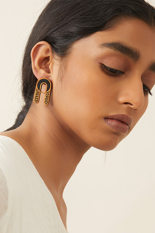 Black Repurposed fabric and wood earring