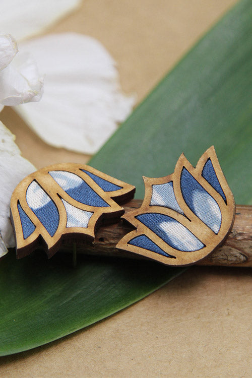 WHE Bloom Lotus Repurposed Fabric and Wood Indigo Stud