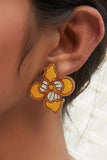 WHE Bloom Leaf Motif Repurposed Fabric and Wood Yellow Stud