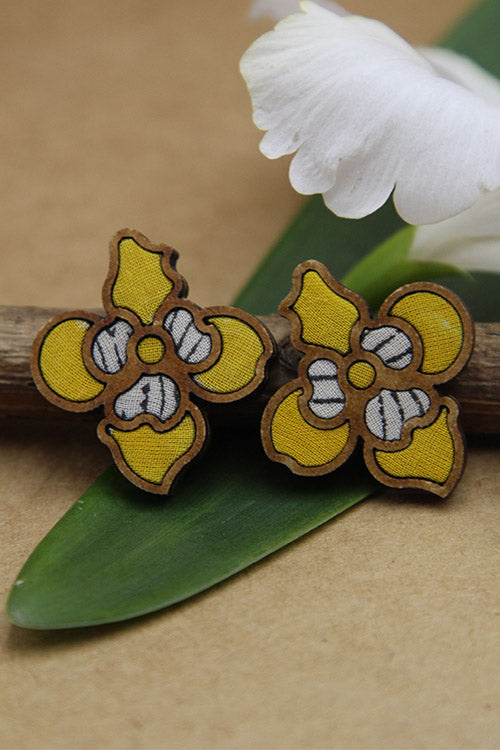 WHE Bloom Leaf Motif Repurposed Fabric and Wood Yellow Stud