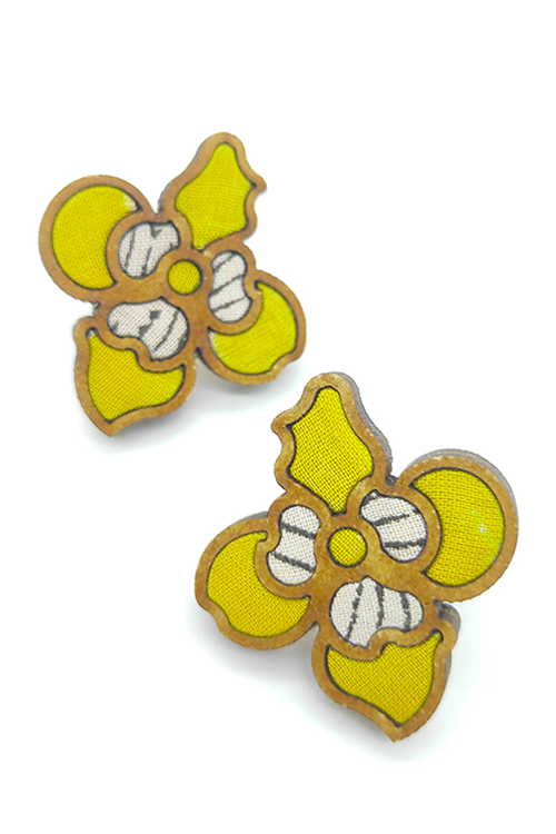 WHE Bloom Leaf Motif Repurposed Fabric and Wood Yellow Stud