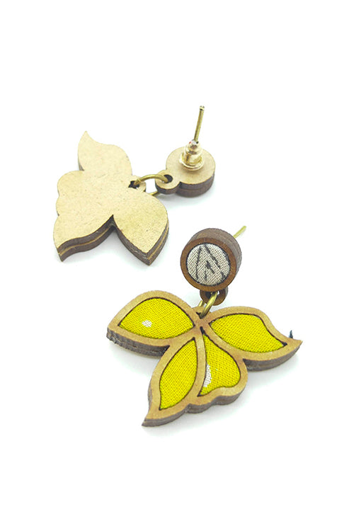 WHE Bloom Leaf Motif Repurposed Fabric and Wood Yellow Earring