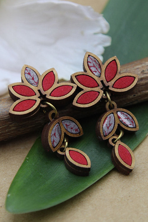 WHE Bloom Leaf Motif Repurposed Fabric and Wood Red Grey Earring