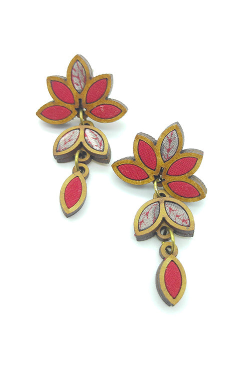 WHE Bloom Leaf Motif Repurposed Fabric and Wood Red Grey Earring