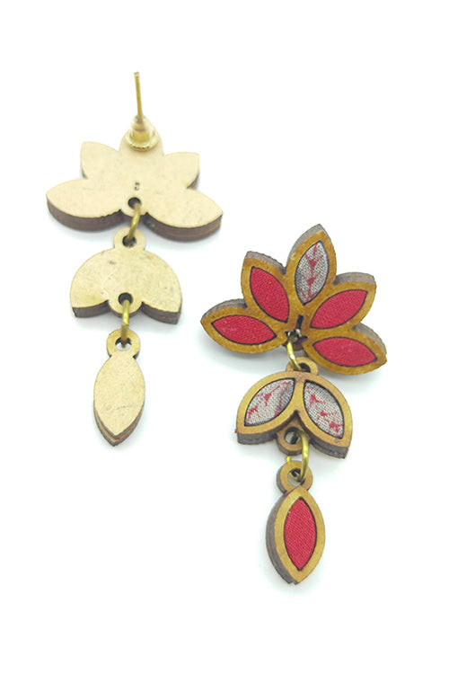 WHE Bloom Leaf Motif Repurposed Fabric and Wood Red Grey Earring