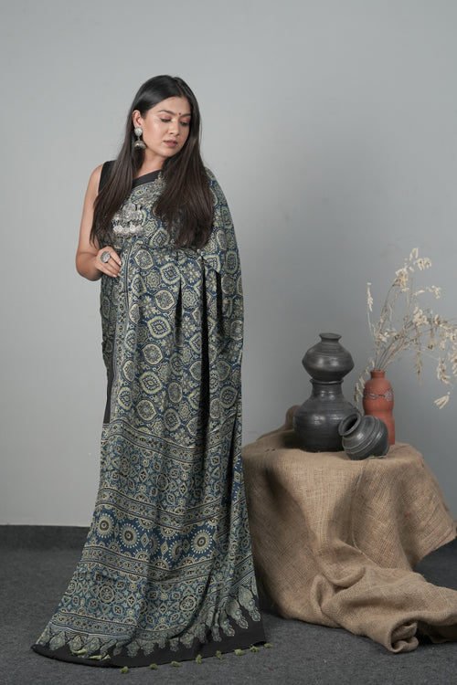 Jahangir Khatri Blue Block Print Modal Silk Ajrakh Saree With Tassels
