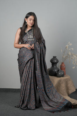 Jahangir Khatri - Traditional Ajrakh Hand Block Printed Modal Saree With Tassels - 2
