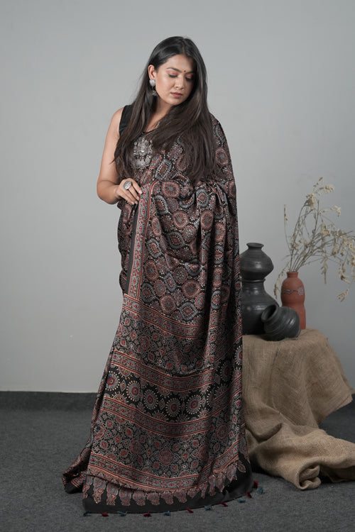 Jahangir Khatri Black Block Print Modal Silk Ajrakh Saree With Tassels