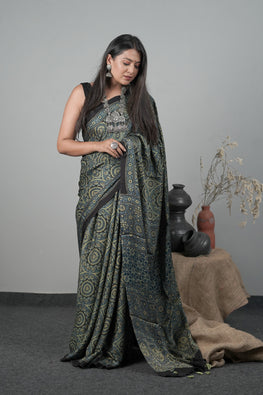 Jahangir Khatri - Traditional Ajrakh Hand Block Printed Modal Saree With Tassels - 5