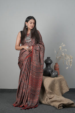 Jahangir Khatri - Traditional Ajrakh Hand Block Printed Modal Saree With Tassels - 8
