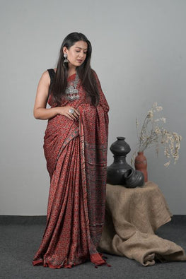 Jahangir Khatri - Traditional Ajrakh Hand Block Printed Modal Saree With Tassels - 13