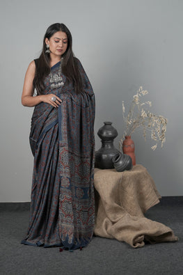 Jahangir Khatri - Traditional Ajrakh Hand Block Printed Modal Saree With Tassels - 17