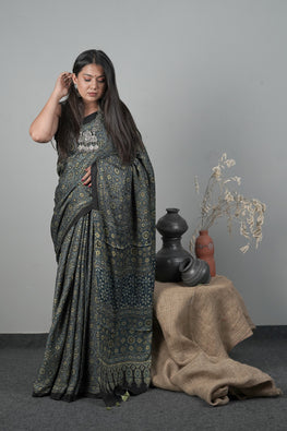 Jahangir Khatri - Traditional Ajrakh Hand Block Printed Modal Saree With Tassels - 20