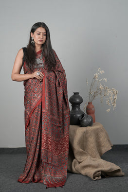 Jahangir Khatri - Traditional Ajrakh Hand Block Printed Modal Saree With Tassels - 23