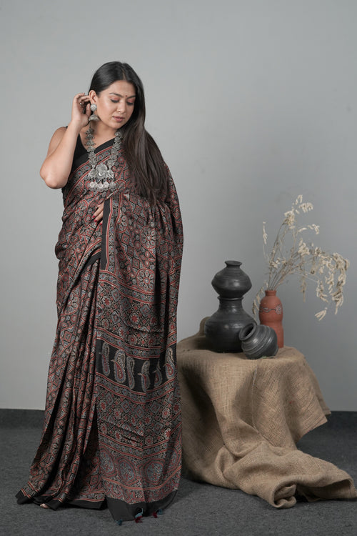 Jahangir Khatri Ajrakh Printed Modal Traditional Saree With Tassels 30