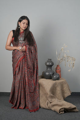Jahangir Khatri - Traditional Ajrakh Hand Block Printed Modal Saree With Tassels - 31
