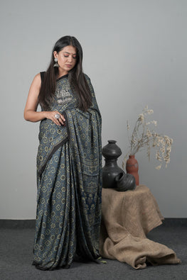 Jahangir Khatri - Traditional Ajrakh Hand Block Printed Modal Saree With Tassels - 32
