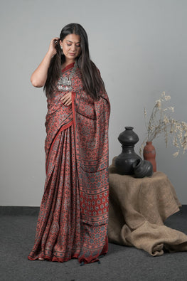 Jahangir Khatri - Traditional Ajrakh Hand Block Printed Modal Saree With Tassels - 39